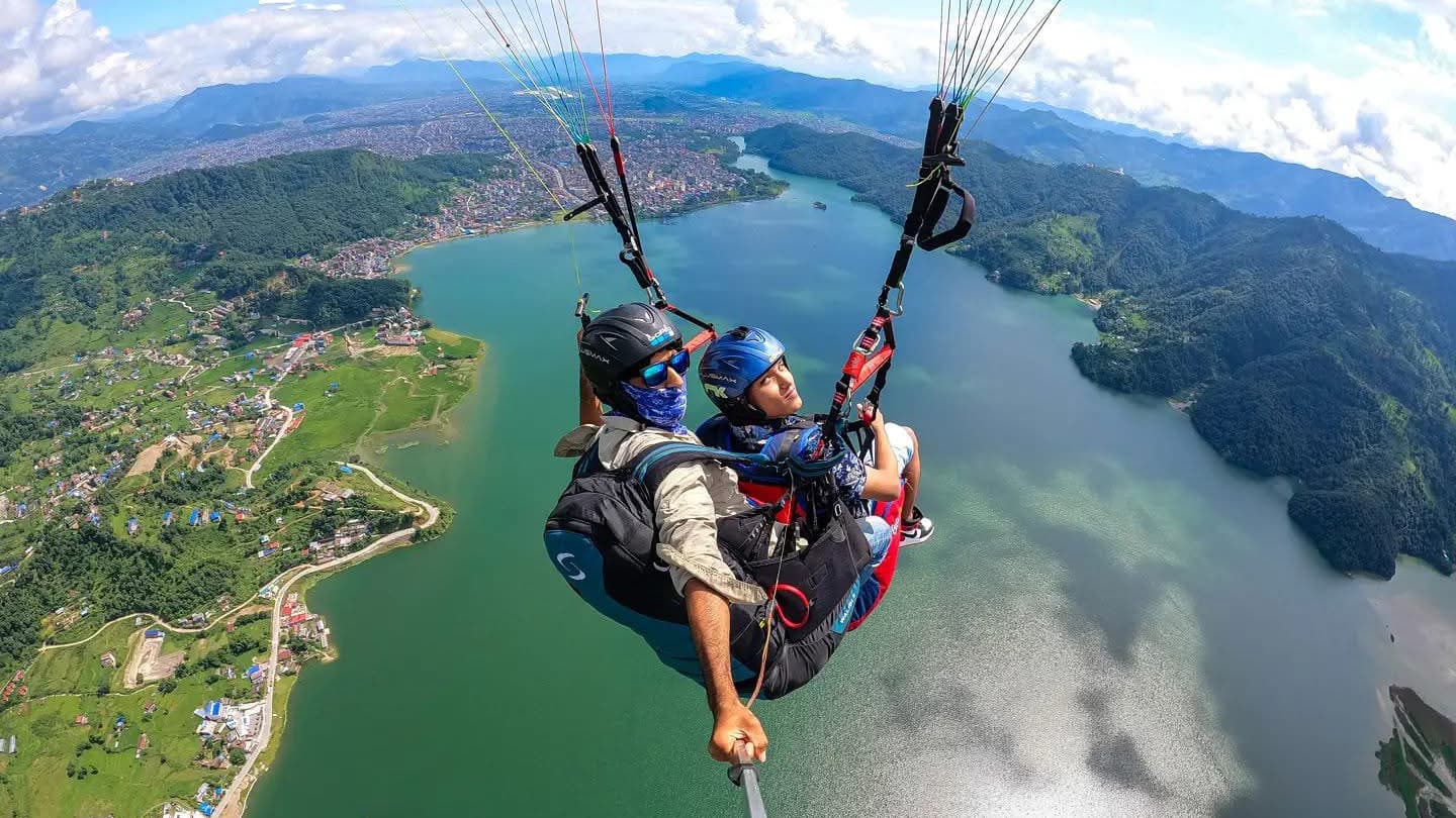 Tandem flying above terraced rice fields